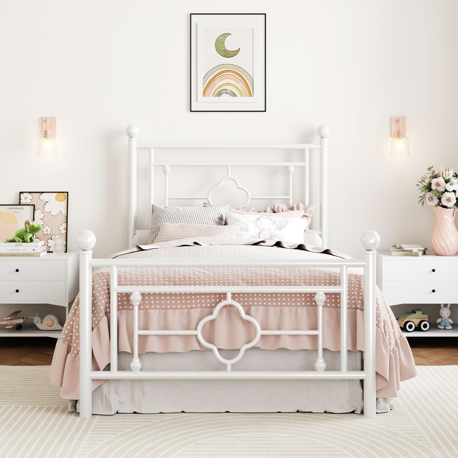 SHA CERLIN Twin Metal Platform Bed Frame, Vintage Headboard, White gallery