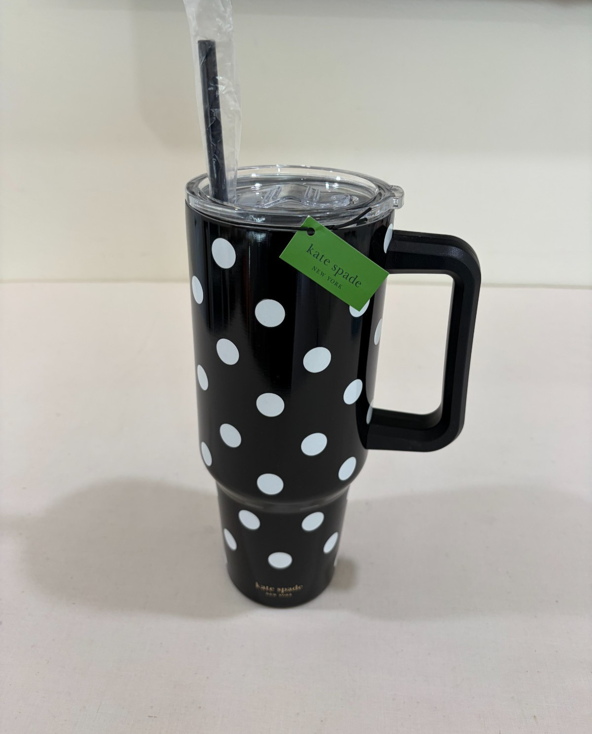 NIB Kate Spade Polka Dot 40oz Stainless Handled Tumbler Black Straw Clear Lid gallery
