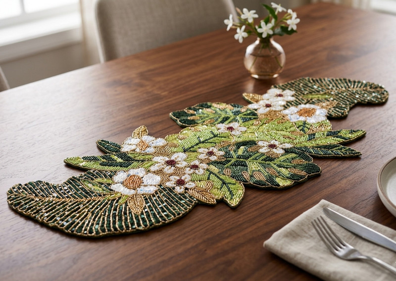 Handmade Beaded Table Runner Green Leaves Table Runner Luxury Tableware 13X36 In gallery