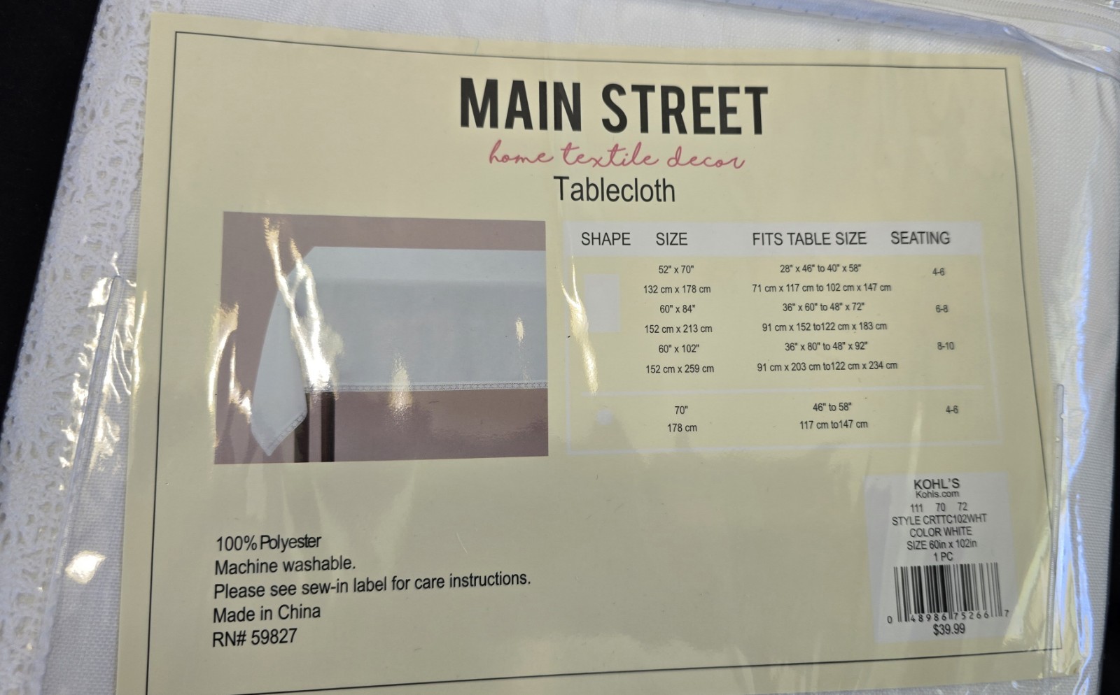 Main Street NEW White Tablecloth Rectangle Shape 69"x102" Seats 8x10 gallery