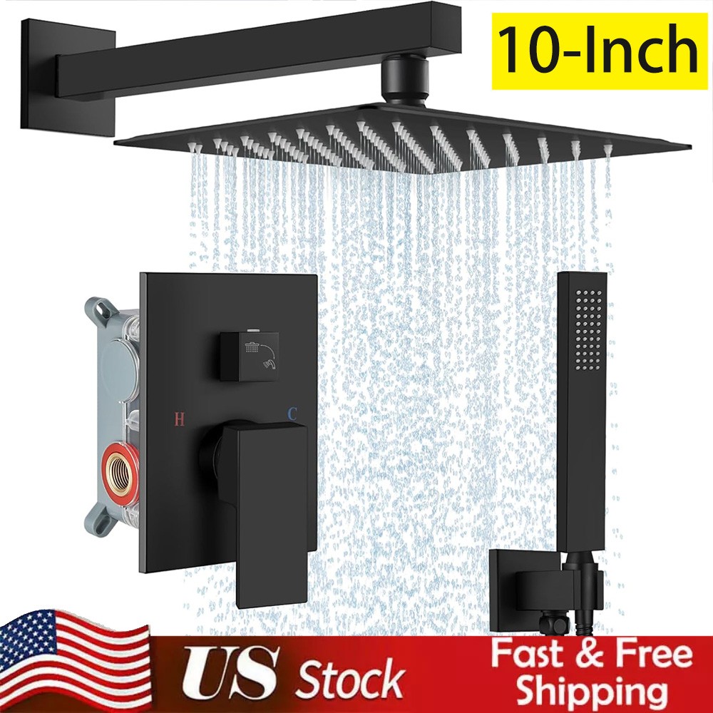 Black Shower Faucet Set 10" Rainfall Shower Head Combo System with Mixer Valve gallery