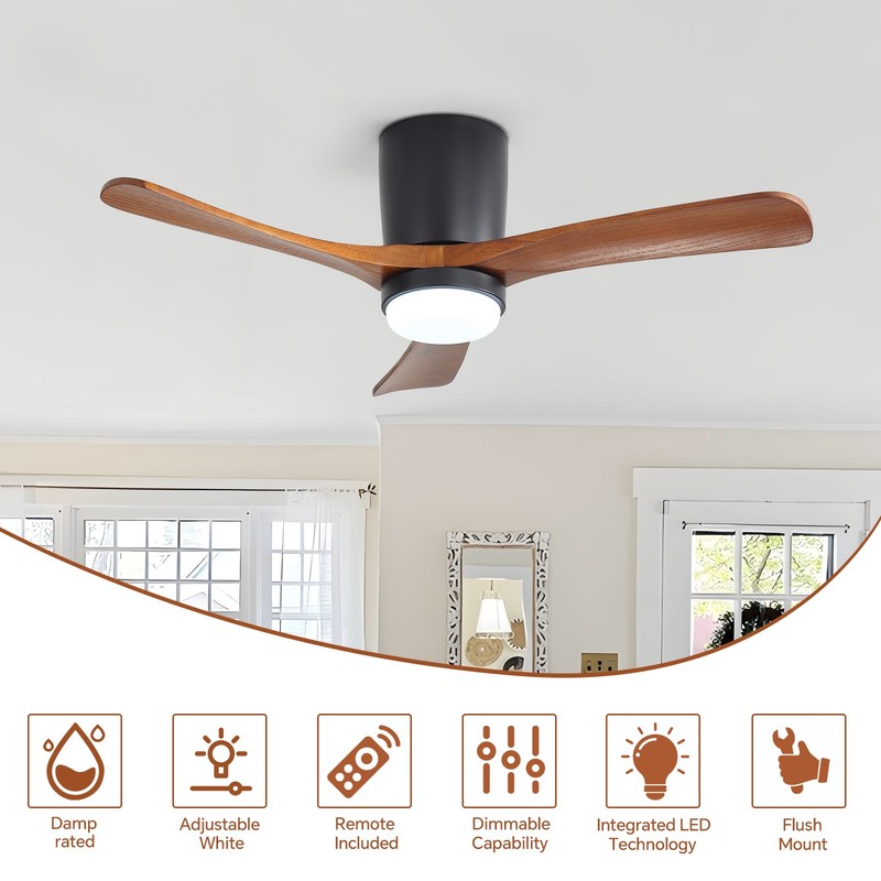 Sofucor 42in Flush Mount Celing Fan with Dimmable Light and Remote,Black+Walnut. gallery