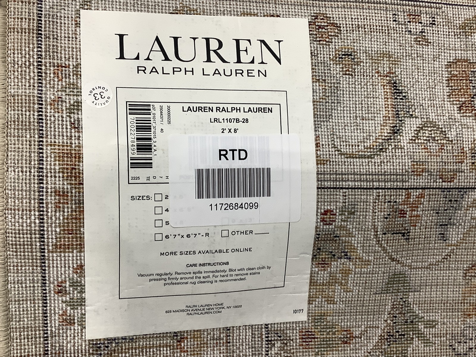 BEIGE / IVORY 2'-0" x 8'-0" Back Stain Rug, Reduced Price 1172684099 LRL1107B-28 gallery