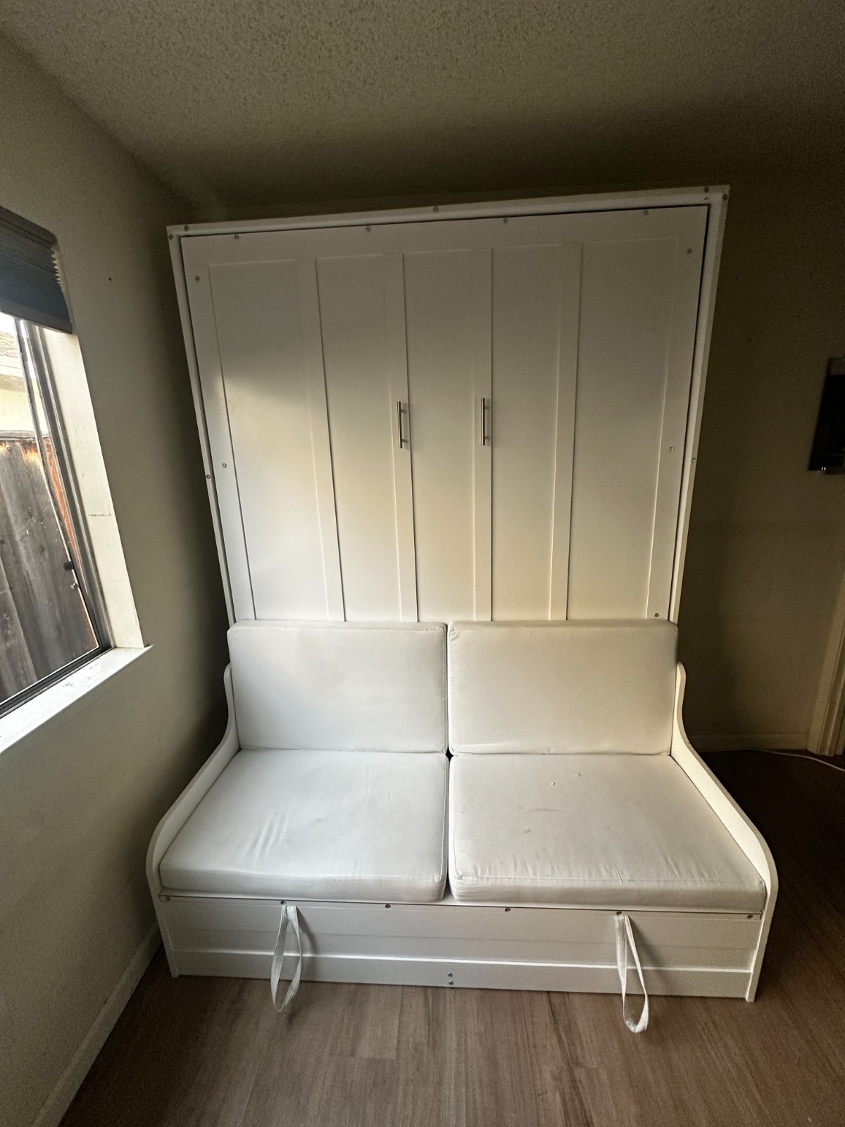 White Queen Murphy Bed with Built-In Bench Seating Couch – Space Saving Wall Bed gallery