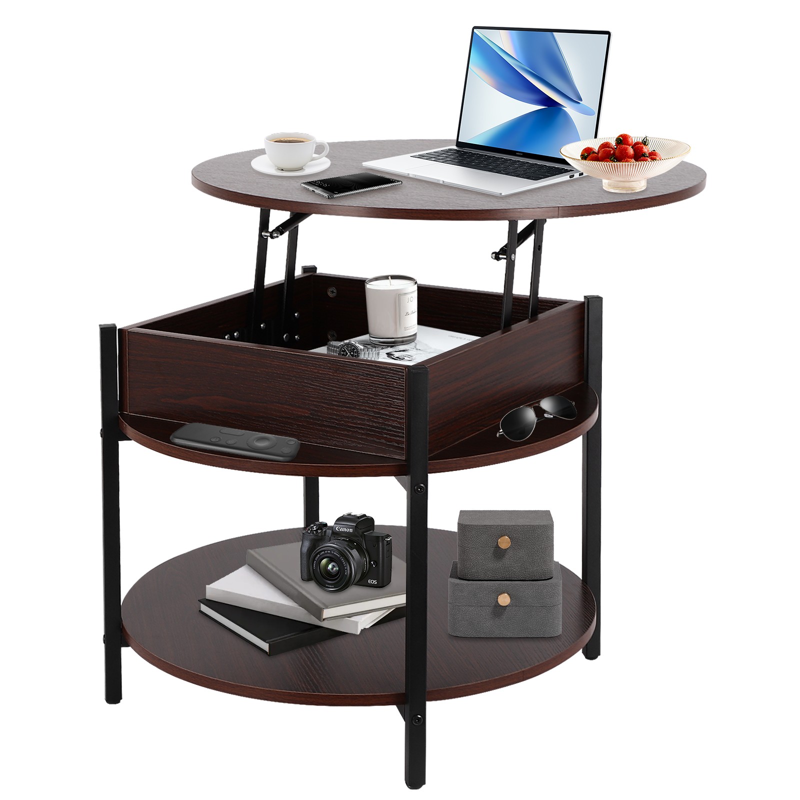 Round Lift Top Coffee Table with Storage & Hidden Compartment 26.77" Dark Walnut gallery