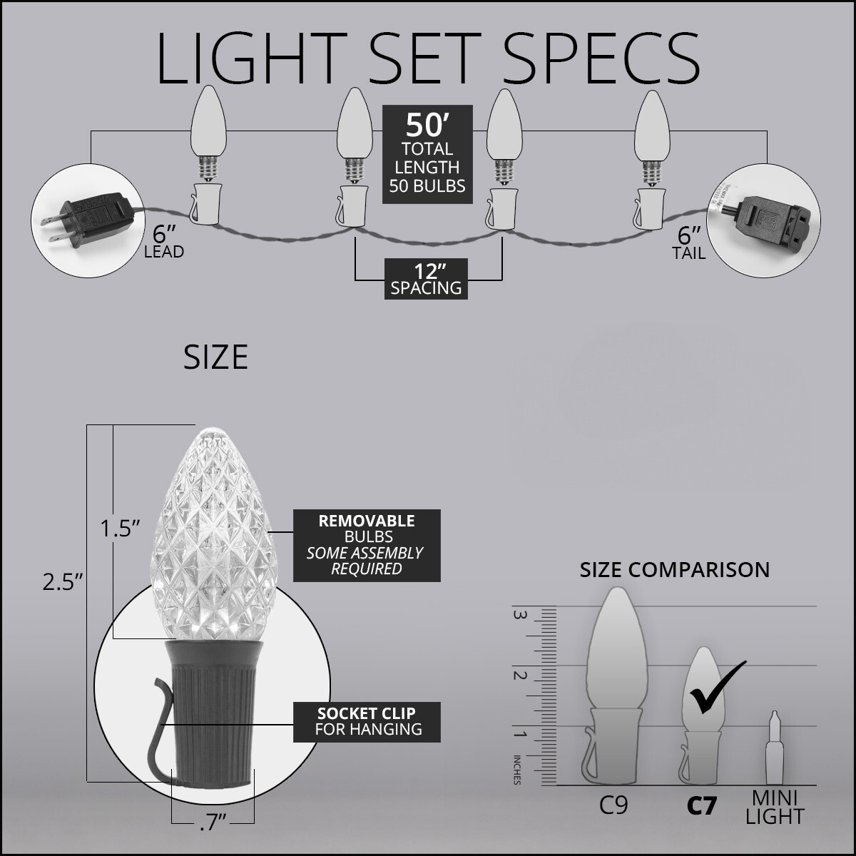 50 C7 OptiCore Shatterproof LED Christmas Lights Faceted Finish, Green Wire 50ft gallery