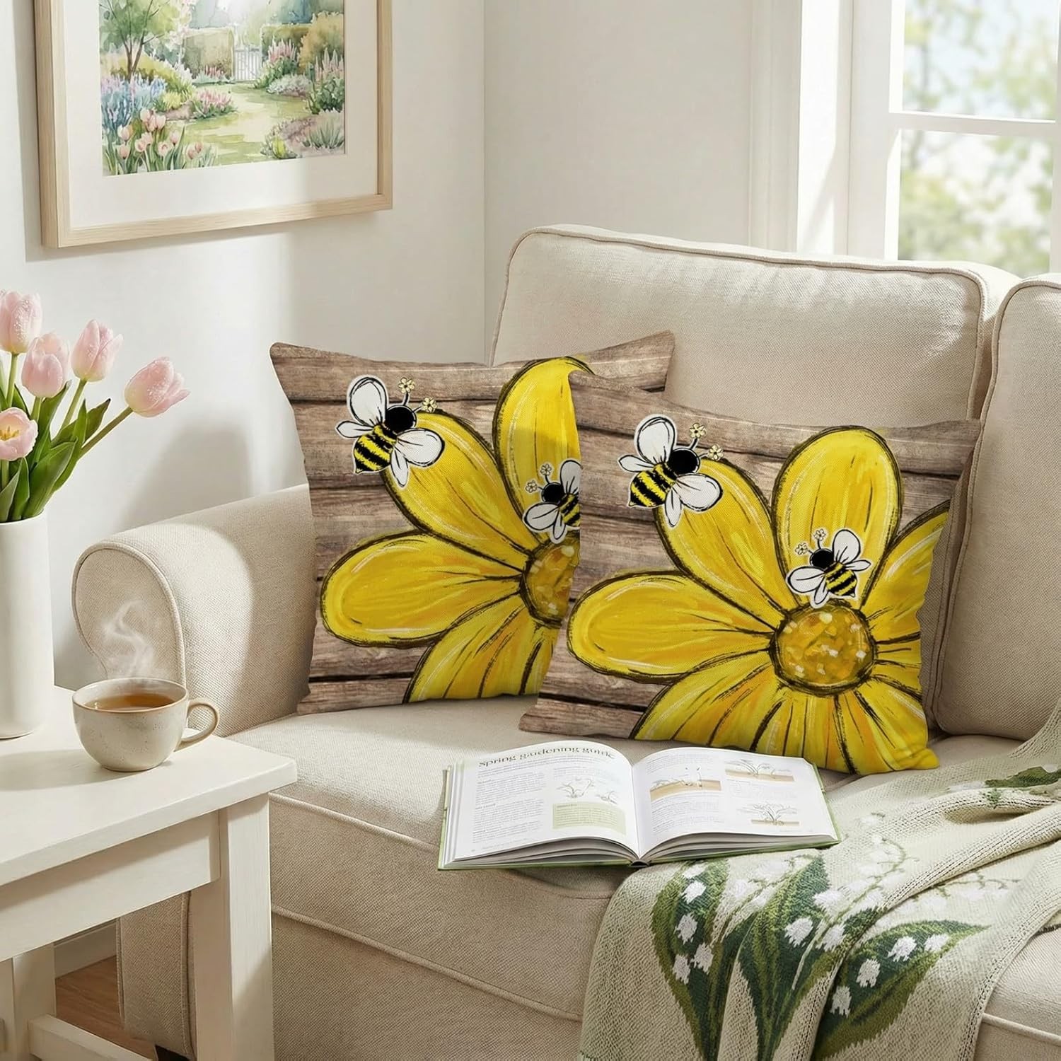 Farmhouse Daisy Bee Throw Pillow Covers Set of 2, 18x18 Inch Floral Decor gallery