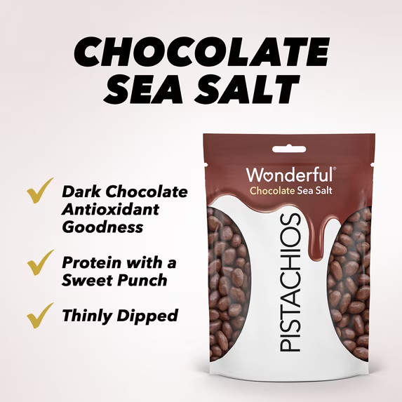 Wonderful Pistachios, No Shells, Chocolate Sea Salt, 4 Ounce Resealable Bag. gallery