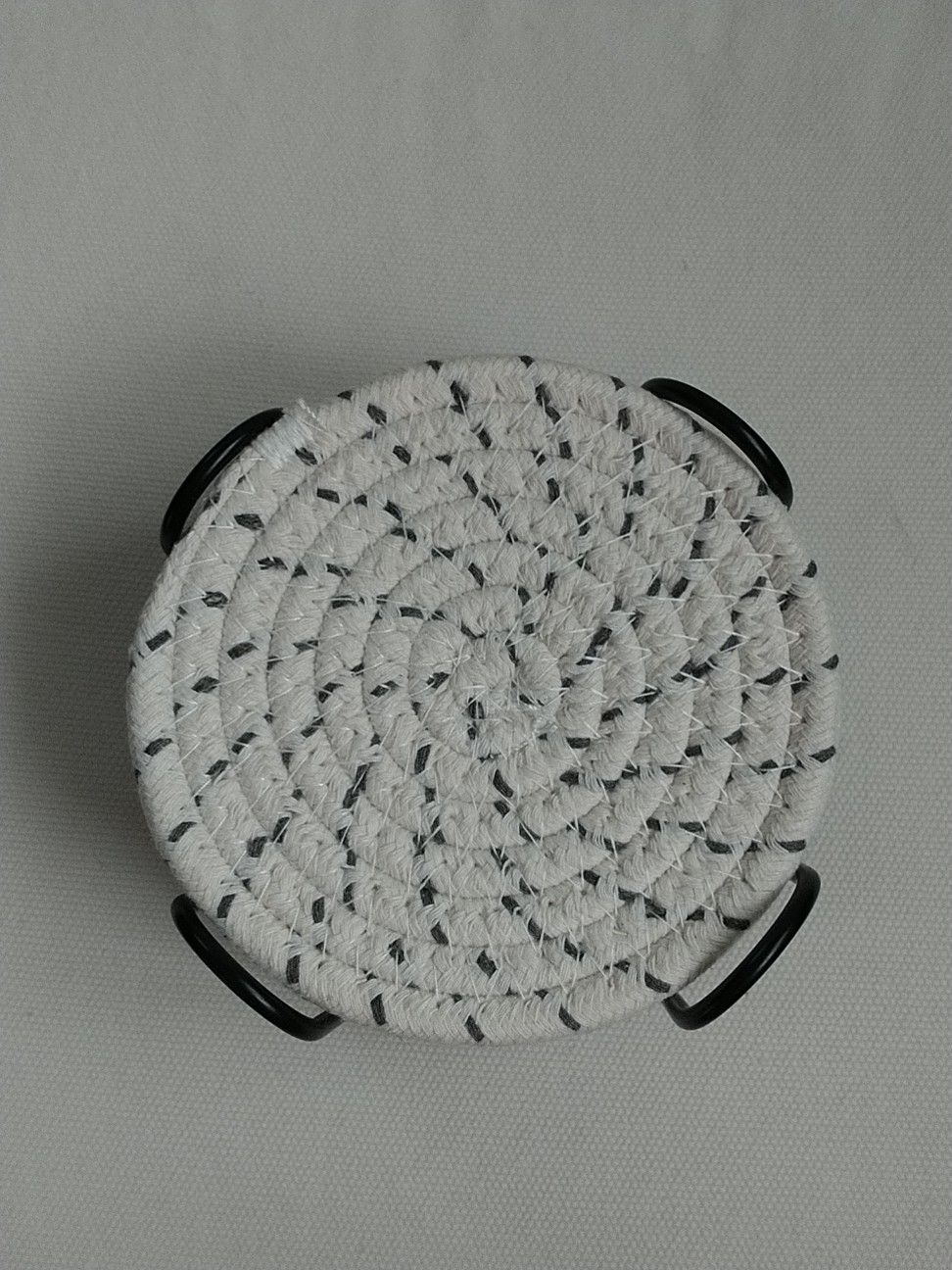 Drink Coaster Set 8 Piece With Holder Round Woven Cotton Black Grey White gallery
