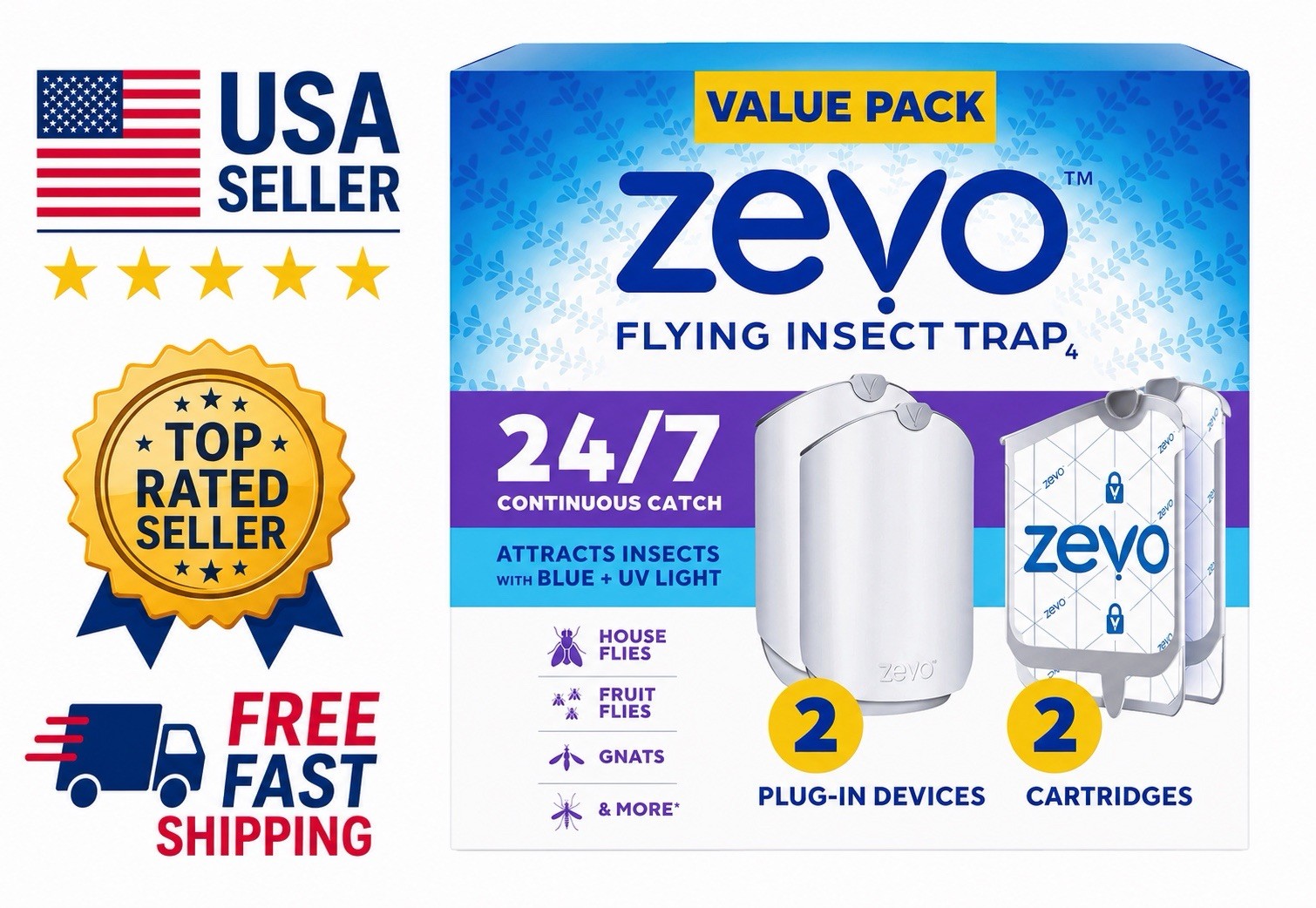 Zevo Plug-In Fly Trap 2 Plug-in Bases + 2 Cartridges Blue UV Light -VALUE 2 PACK gallery