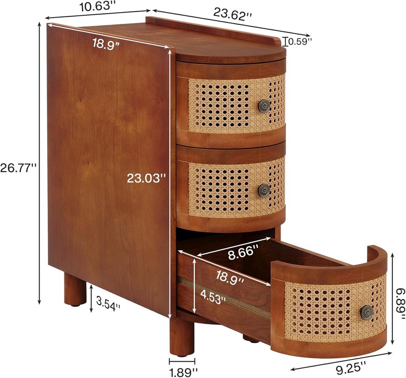 Solid Wood End Table, 3-Drawer Rattan Side Table Nightstand No Assembly Required gallery
