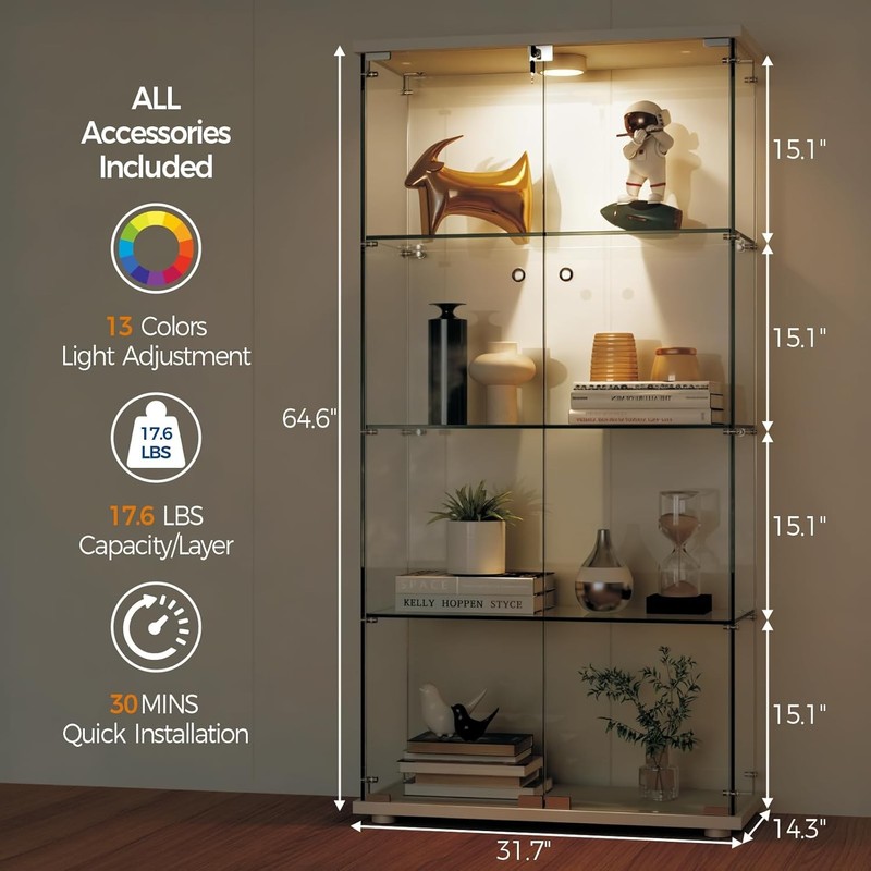 4 Shelves Display Cabinet, Tempered Glass Curio Showcase with LED Light & Lock gallery