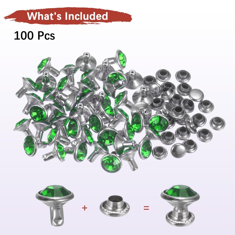 Clear Rhinestone Rivets [100pcs] - Crystal Rivets - [Emerald - 0.31 IN] gallery