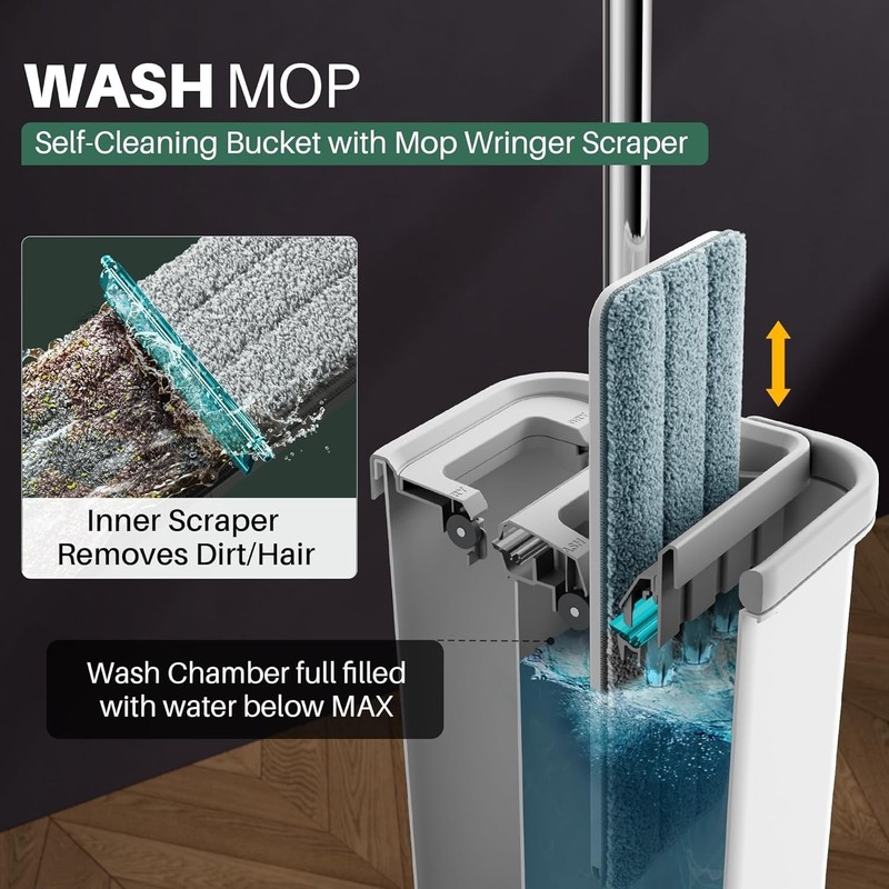 Flat Mop System with Wringer Bucket, White, Microfiber Floor Cleaning Set for... gallery
