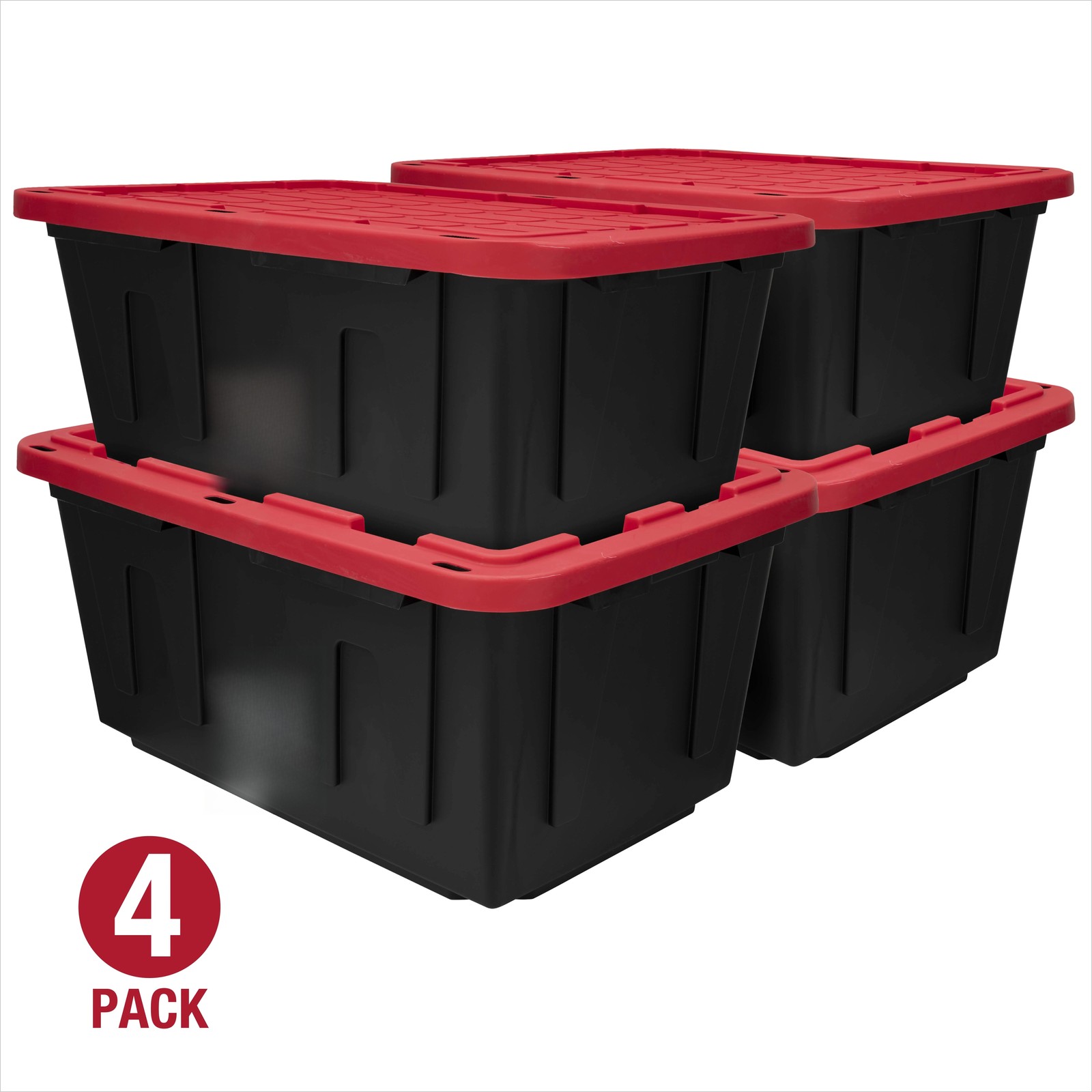 4-Pack 27 Gal Black & Red Storage Bins, Heavy Duty Plastic with Snap Lid gallery