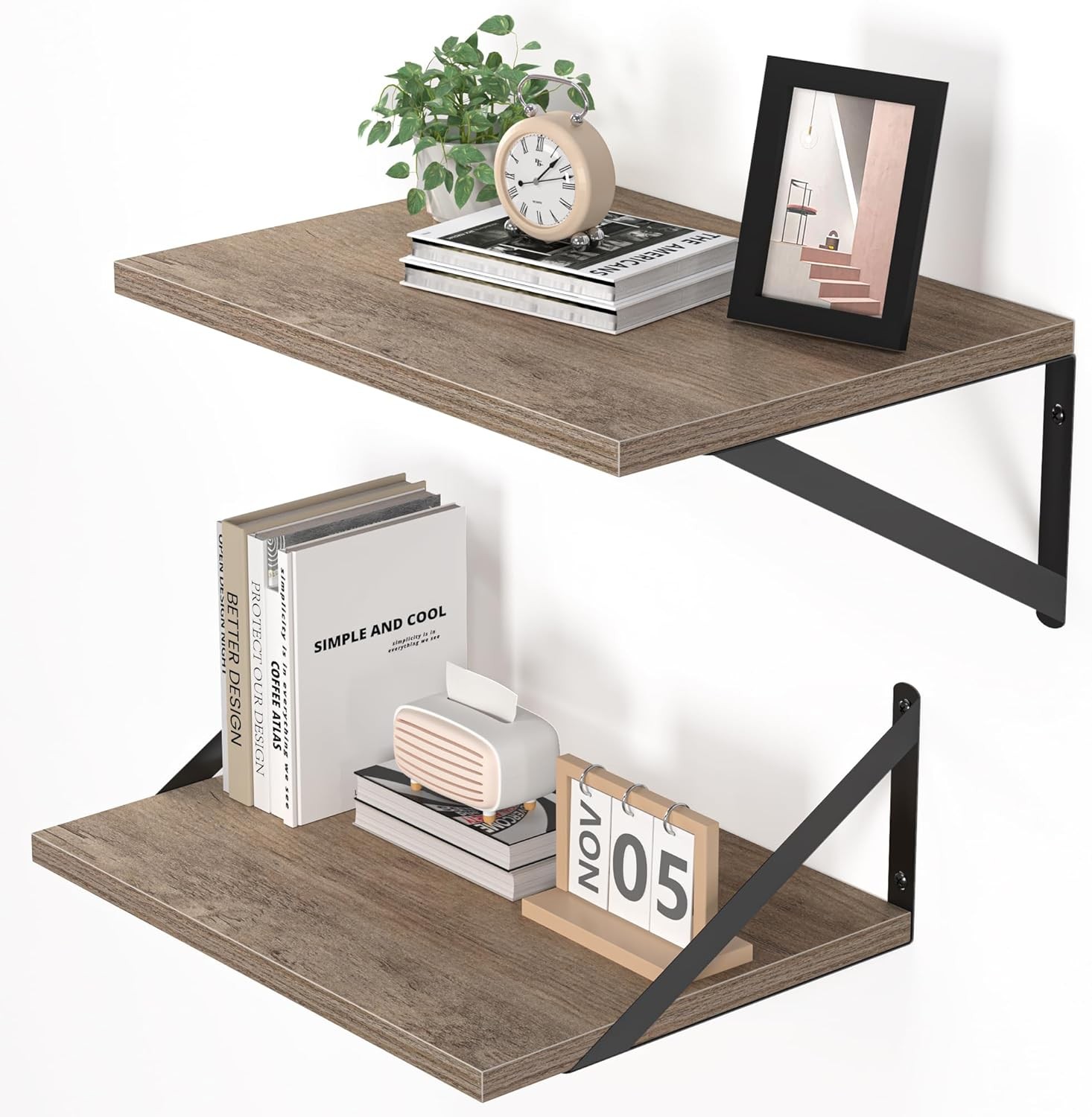 2 Pack 16W x 12D Rustic Grey Wood Floating Shelves with Metal Bracket gallery