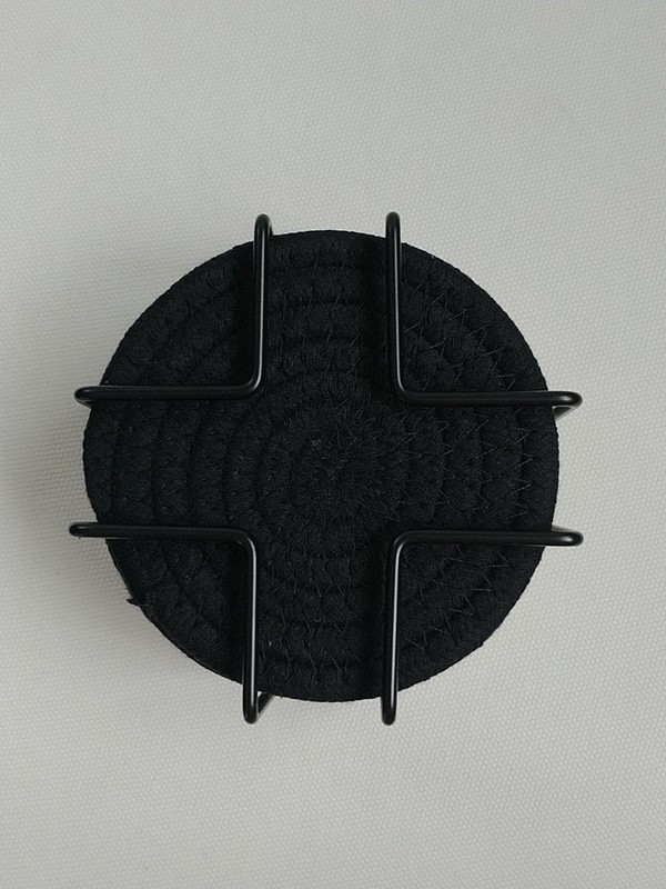 Drink Coaster Set 8 Piece With Holder Round Woven Cotton Black Grey White gallery