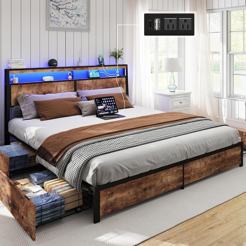 Full Queen Bed Frame with 4 Storage Drawers and Charging Station ＆ LED Lights gallery