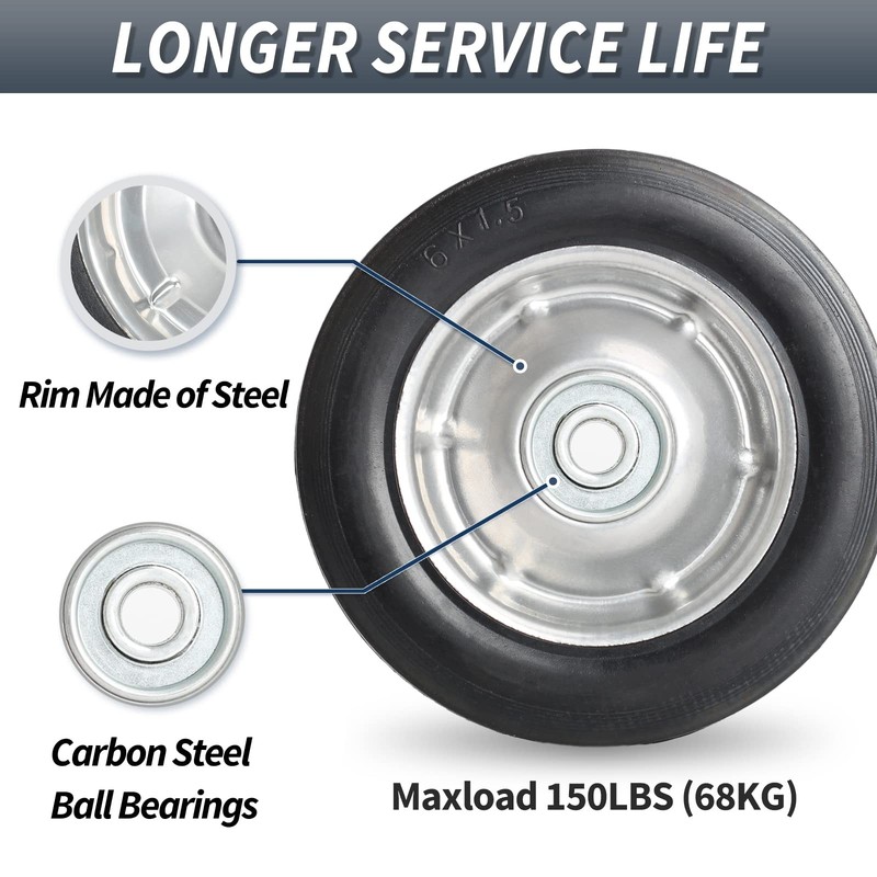 6" Flat Free Solid Rubber Tires with Ball Bearings 2 Pack, 1/2" Axle Bore gallery