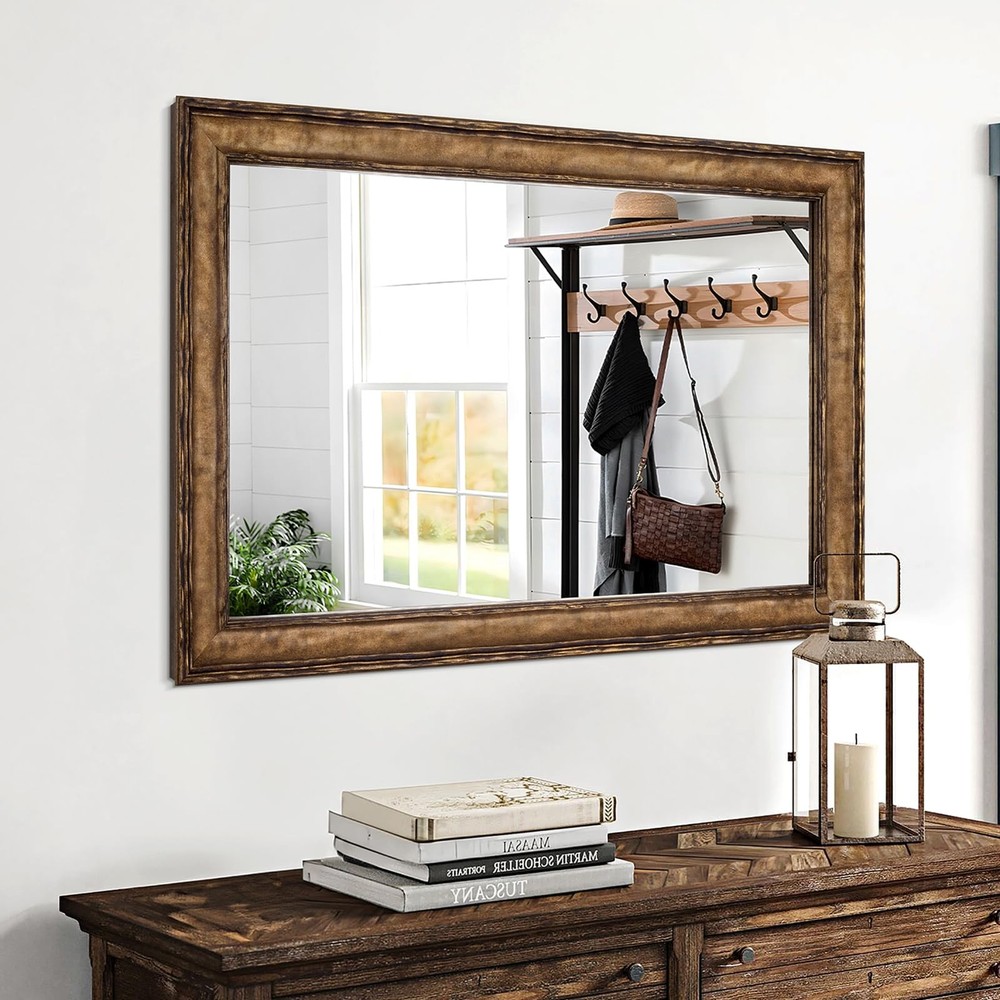 Rectangular Antique Solid Wood Frame Mirror, 37''x25'' Decorative Wall Mirror...