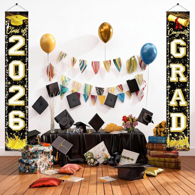 Black Gold Graduation Decorations Class of 2026 Congrats GRAD Porch Sign Banner gallery