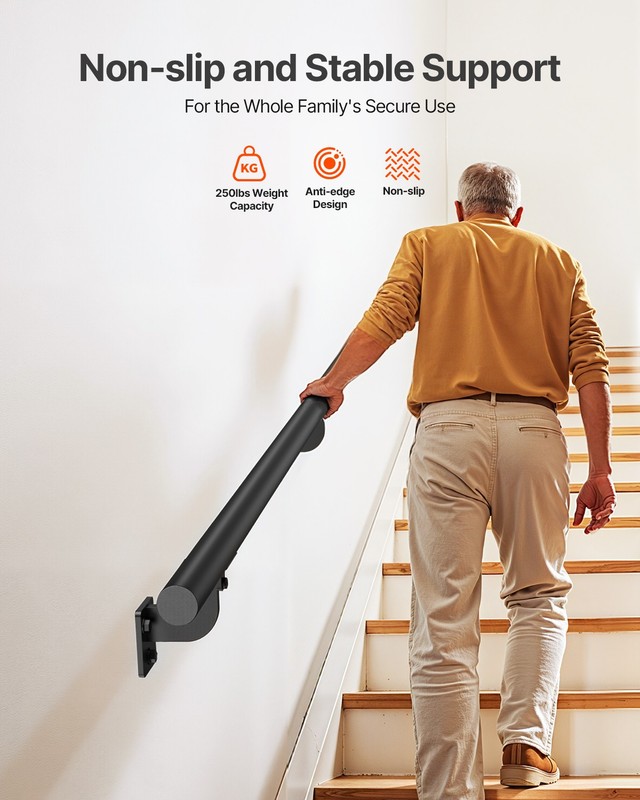 VEVOR 10ft Wall Mounted Stair Handrail Black Aluminum Indoor Outdoor Railing gallery