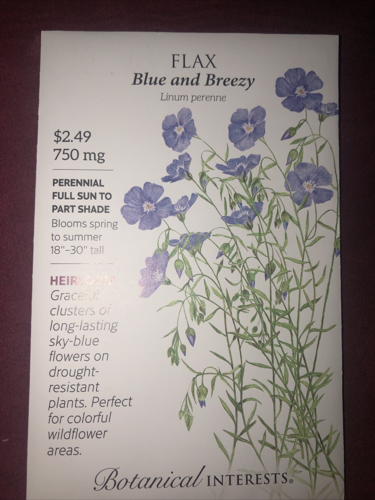 Flax Blue & Breezy Flowers Heirloom Seeds Botanical Interests Exp. 12/2024 gallery