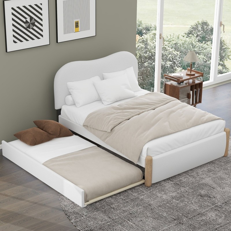 Twin/Full Size Bed Frame Upholstered Platform Bed Frame w/ Twin Size Trundle gallery