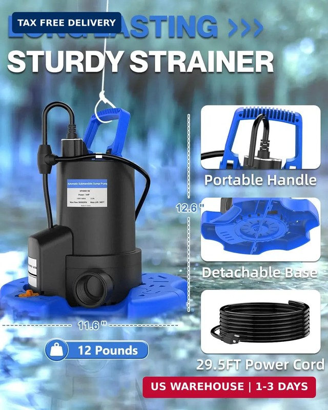 Automatic Pool Cover Pump - 1 HP 5000 GPH Submersible Water Pump with Check Valv gallery