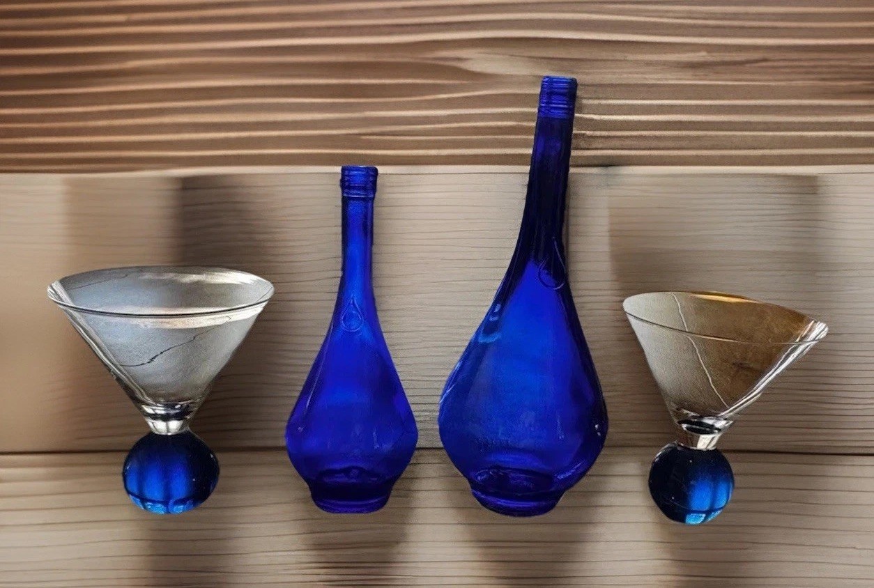 Martini Glasses Bubble Ball Base Blue Hand Blown Two Italian Aqua Della Bottles. gallery