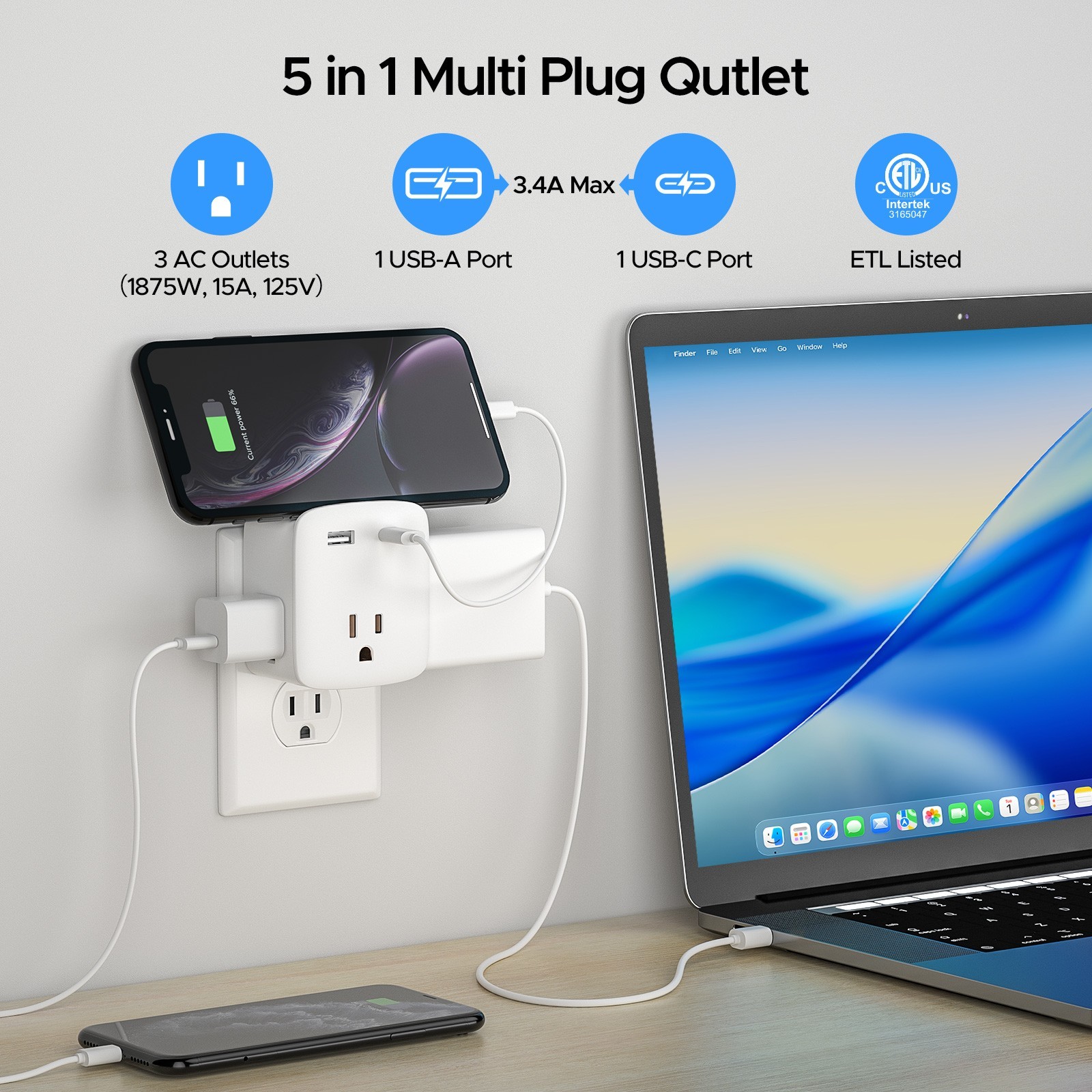 3 Outlet + 2 USB Extender Indoor Grounded AC Power Wall Tap Travel Adapter Plug gallery