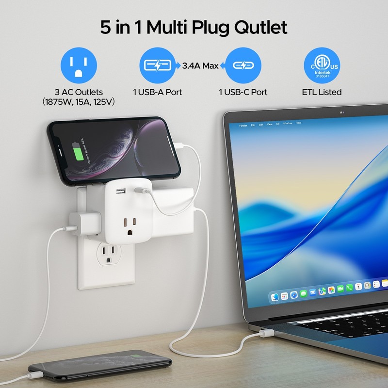3 Outlet + 2 USB Extender Indoor Grounded AC Power Wall Tap Travel Adapter Plug gallery