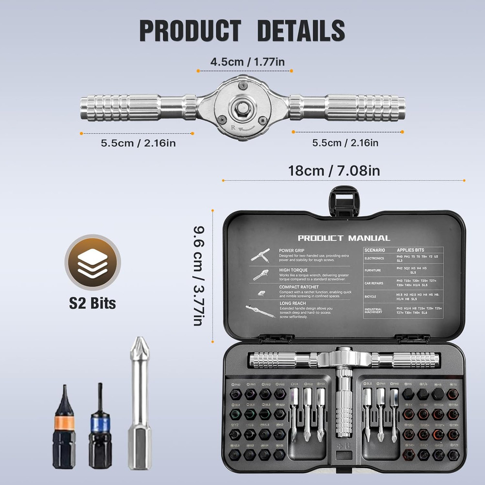 40 in 1 Ratcheting Screwdriver Set,Multi S2 Steel Bits with Detachable Ratchet H