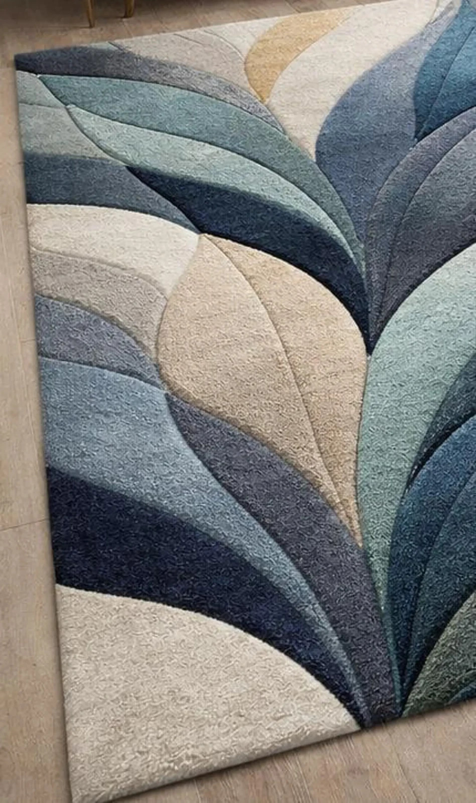 Hand Tufted Wool Area Rug, Abstract Leaf Design, Blue Beige Contemporary Carpet gallery