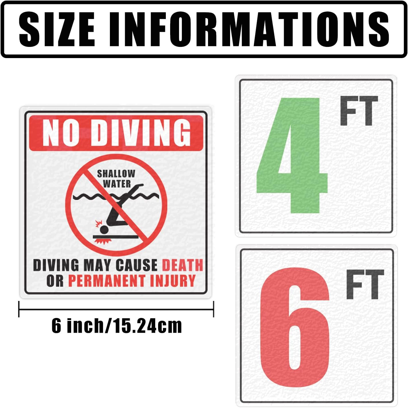 6X6 Inch Swimming No Diving Shallow Water Pool Warning Stickers 3 FT 4FT 5FT 6FT gallery