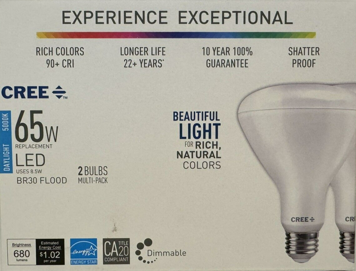 2 CREE 65 Watt Daylight Bright BR30 LED Light Bulbs w/Standard Medium Base - NEW gallery