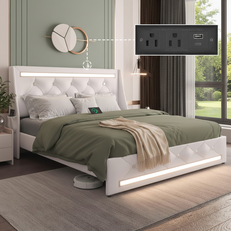 Queen Size Bed Frame with LED Lights, Upholstered Bed Frame gallery