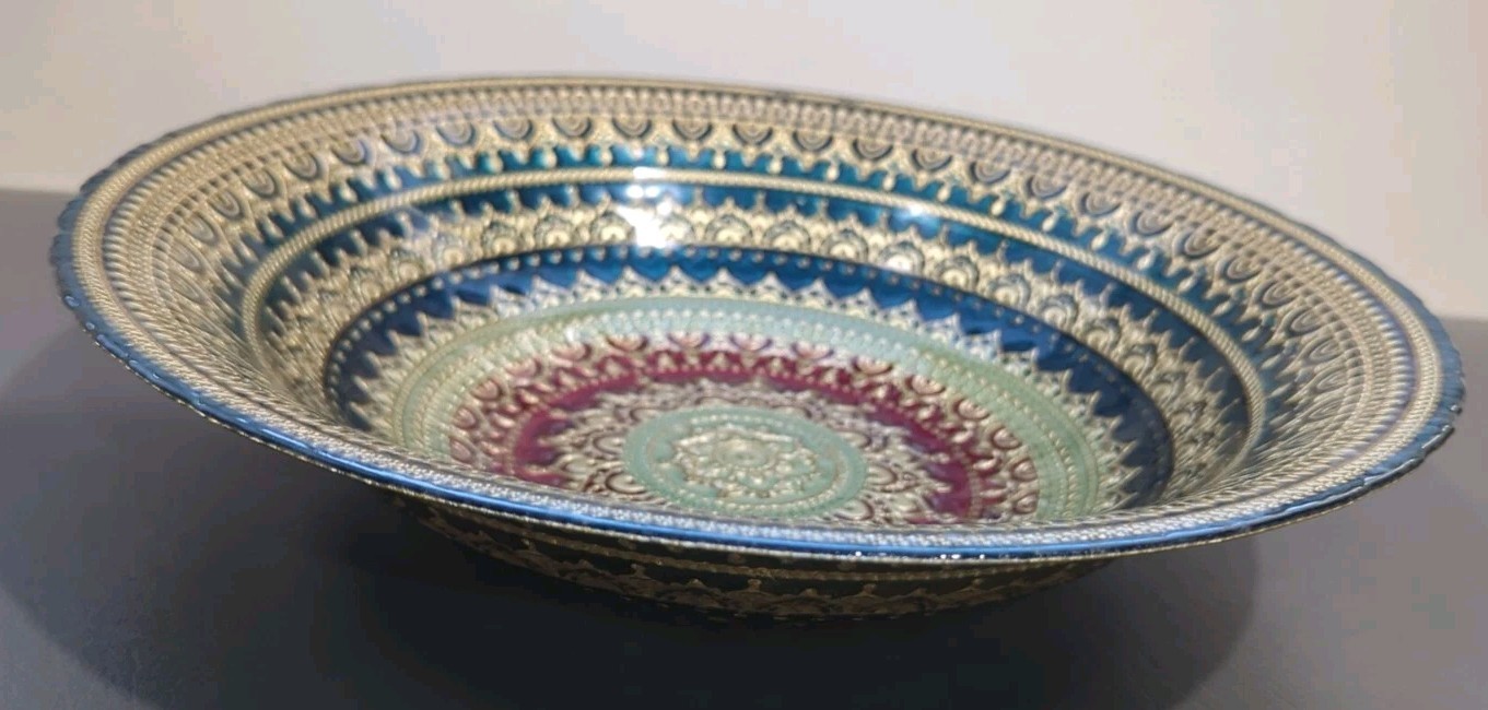 Turkish Decorative Bowl HandPainted Mandala Relief Pattern Red & Teal Large gallery
