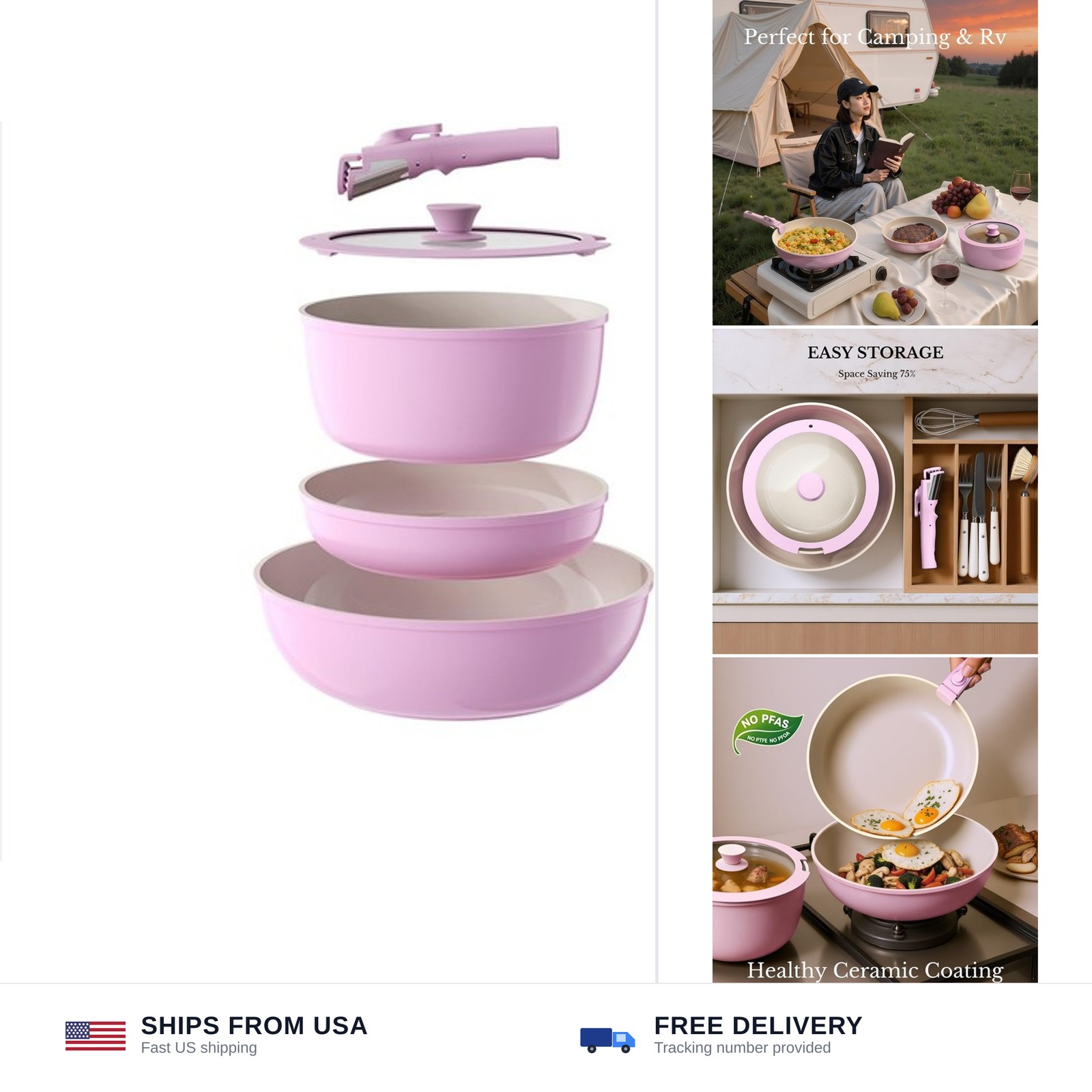 Pots and Pans Set Non Stick, Ceramic Cookware Set Detachable Handle, RV Campi... gallery
