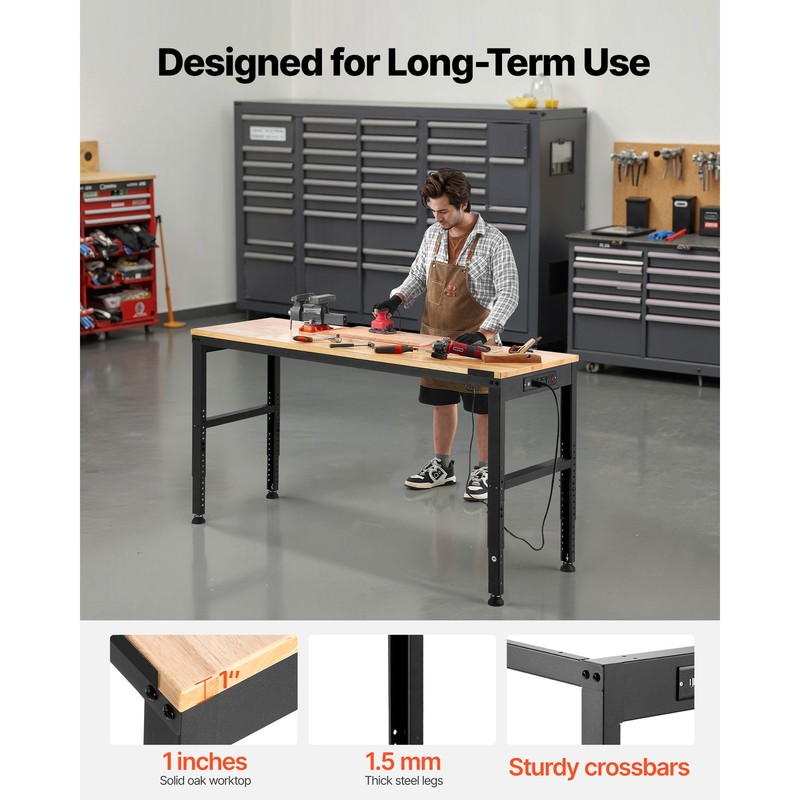 61"x 20" Adjustable Height Workbench 2000 lbs Oak Plank w/ Power Outlets 110V gallery