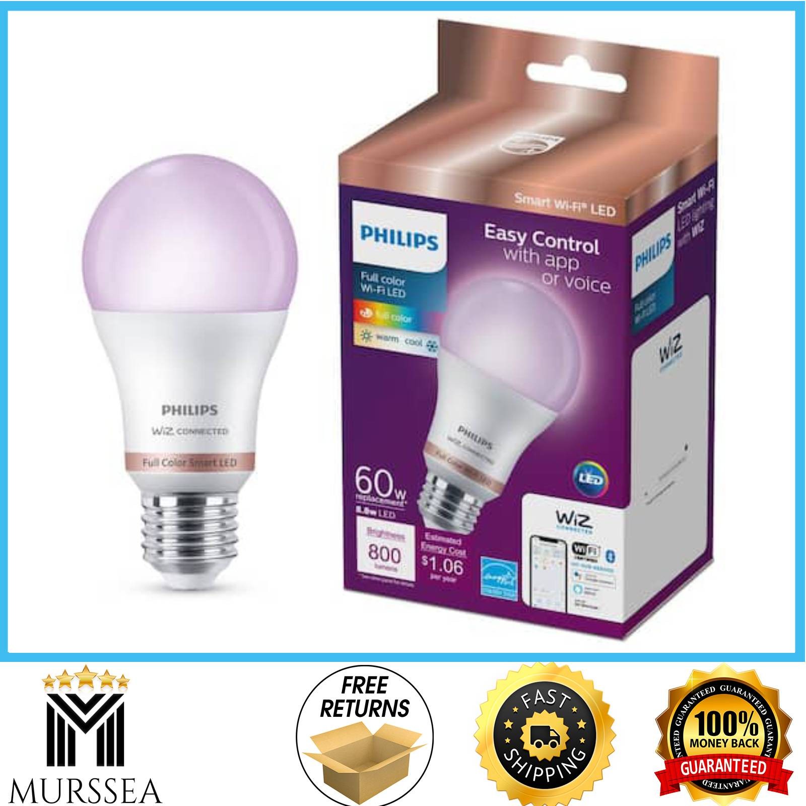 Philips WiZ Color-Changing A19 Smart Bulb 60W-Eq Wi-Fi Bluetooth 1-Pack gallery