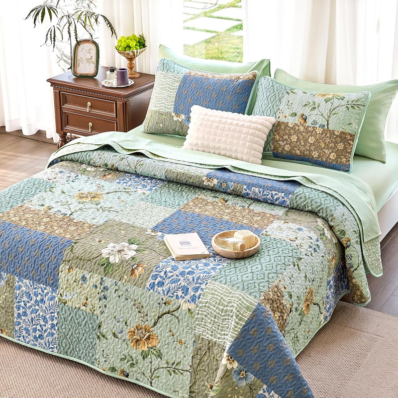 - Patchwork Quilt Set, Boho Floral Country Farmhouse Cottage Vintage Flower Patt gallery