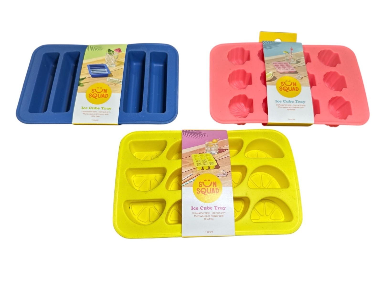 Sun Squad Silicone Ice Cube Trays Set Of 3 - Blue, Yellow & Pink NWT gallery