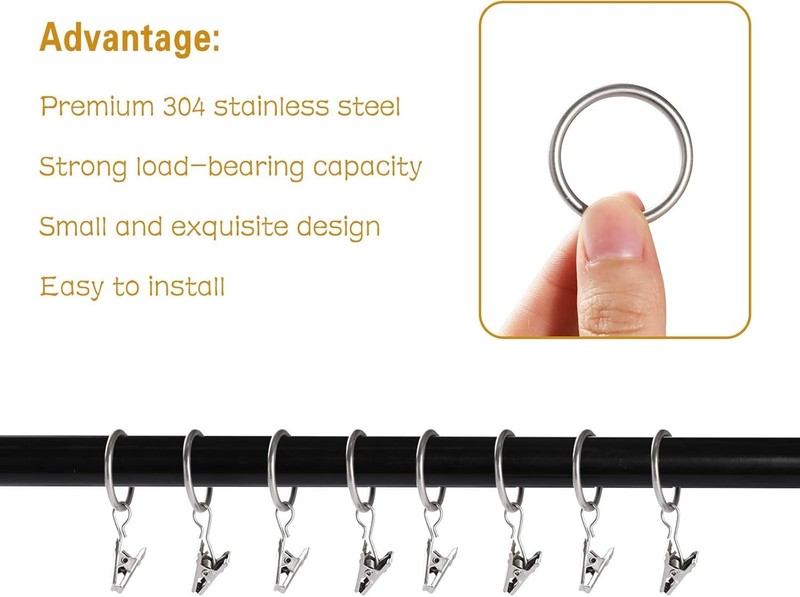20pcs Rustproof Matte Silver Curtain Rings with Clips - 1'' Heavy-Duty Design gallery