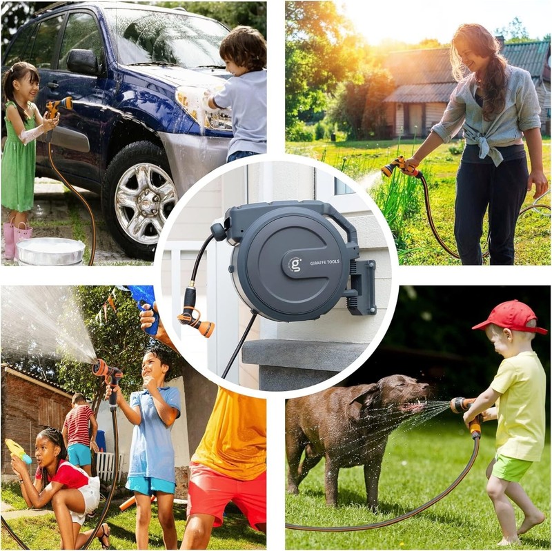 Giraffe Tools Retractable Garden Hose Reel Wall Mounted 1/2-IN 78-FT Water Hose gallery