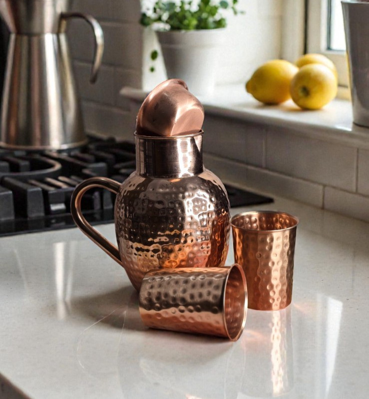 Pure Copper Water Pitcher Set 1.5L with 2 Tumblers Ayurvedic Drinkware gallery