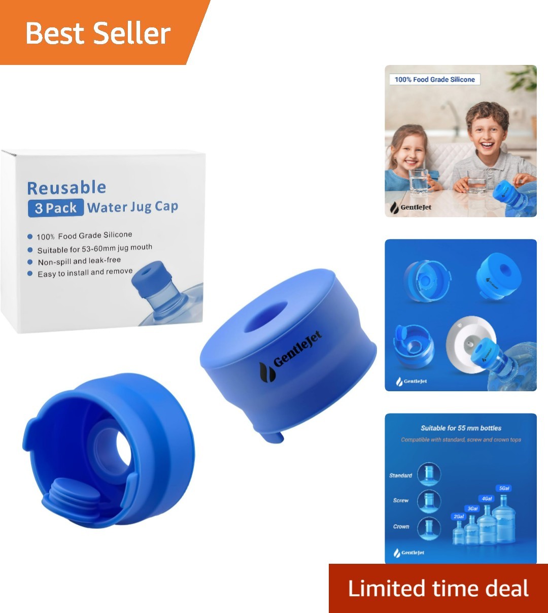Reusable Water Jug Cap Set - 3 Leak-Proof Blue Silicone Lids for 2-5 Gallon Jugs gallery