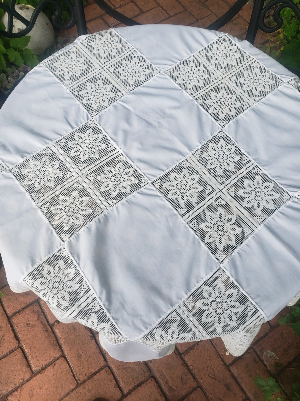 VTG Lace Patchwork Christmas Star White 41"x 41" Square Table Cloth Cottage gallery