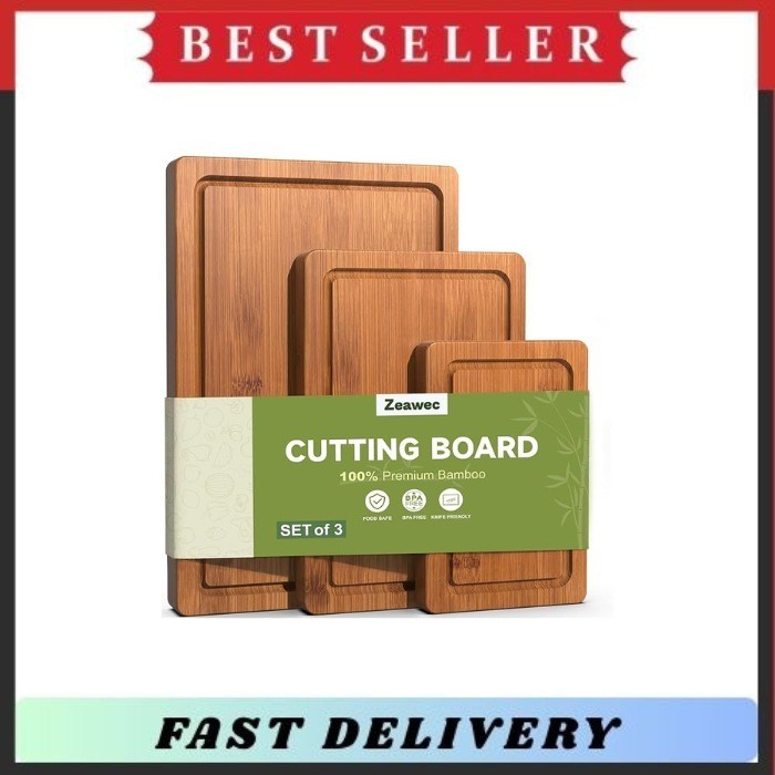 3 Pc Bamboo Cutting Board Set Deep Juice Groove Carbonized Wood