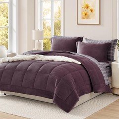 AMBERSPACE Plush King Size Comforter Set Purple, Flannel Velvet Comforter Se…